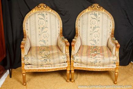 Pair Louis XV Gilt Arm Chairs Armchair Tub Hand Carved